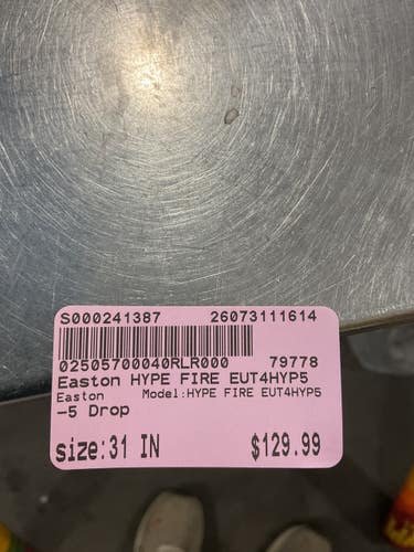 Used Easton HYPE FIRE EUT4HYP5 BB/SB USSSA 2 3/4 Bat 31" 11614-S000241387
