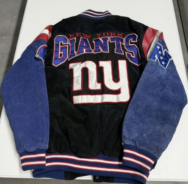 NFL New York Giants Suede Varsity Jacket Mens Medium Blue Black Leather