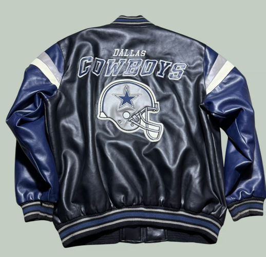 NFL Dallas Cowboys Varsity Jacket XL Y2K Faux Leather Bomber Navy Black Silver