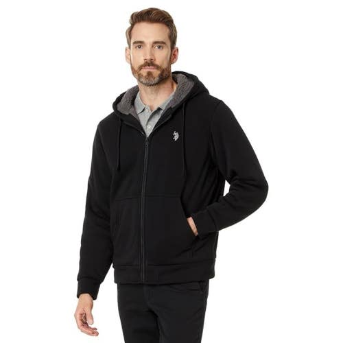 U.S. POLO ASSN. Hoodie Men Large Black Full Zip Fleece Lined Long Sleeve GBO3348