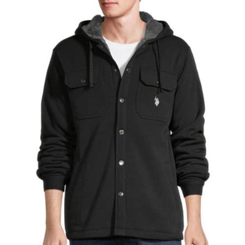 U.S. Polo Assn. Shacket Mens 2XL Black Sherpa Fleece Hooded Button Front GBO2819