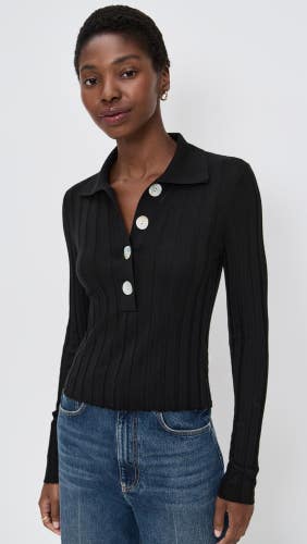 Madewell Polo Sweater Women's Large Black Ribbed Lettuce Hem Long Sleeve GBO3260