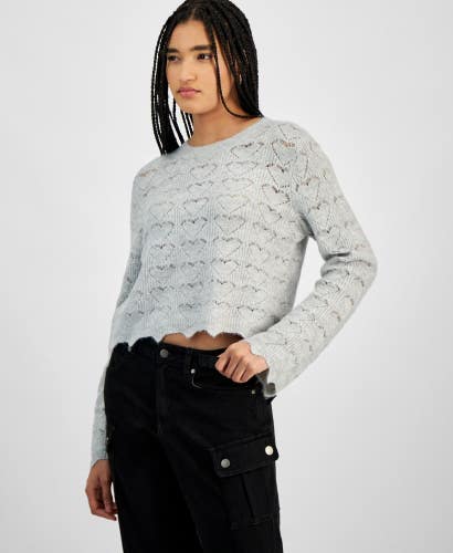 Hooked Up By Iot Sweater Womens M Gray Heather Heart-Stitch Scalloped Hem PALL16