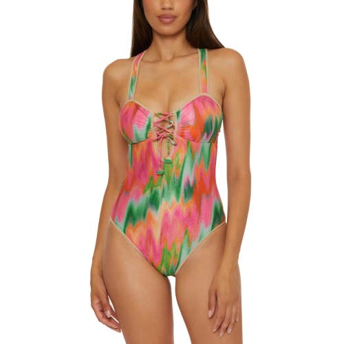 Becca Bandeau One Piece Swimsuit Womens Medium Multicolor Corset Lace Up JZZ1373