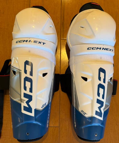 CCM Next Junior Hockey Shin Guards 13" 33cm White Navy - Worn Once Mint (Used)