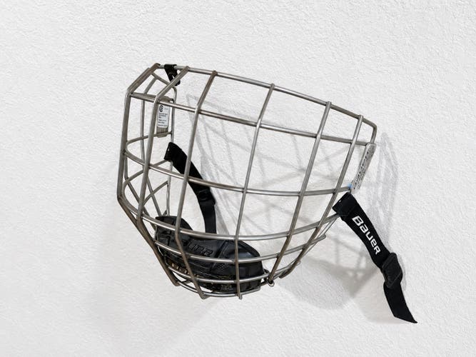 Small Bauer Hockey Helmet Face Cage Silver/Gray with Chin Cup & Straps – Used