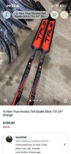 Intermediate True HZRDUS 7x4 Regular Goalie Stick (New) in orange. Last one!