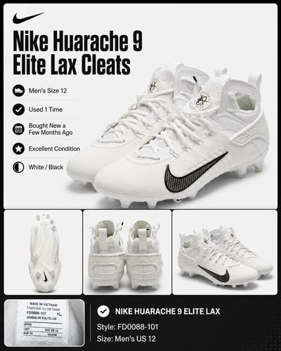Nike Huarache 9 Elite Lax Cleats – White/Black – Men’s Size 12