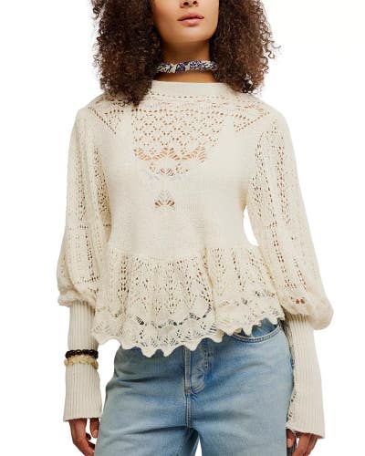 Free People Lucinda Sweater Women Medium Ivory Knit Cotton Scalloped Hem GBO3287