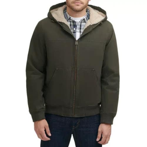 Levi's Bomber Jacket Men's S Olive Canvas Sherpa Lined Hooded Full Zip GBO3001