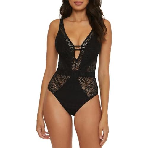 Becca Crochet Plunging One Piece Womens Medium Black Stretch Swimwear GBO3364