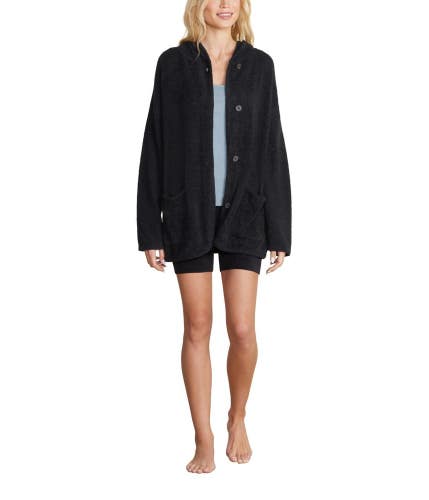 Barefoot Dreams CozyChic Lite Jacket Women Large Black Curved Hem Hooded GBO2912