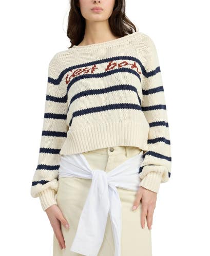 En Saison Helena Sweater Women's L Ivory Cotton Striped Cropped Boat Neck PALL67