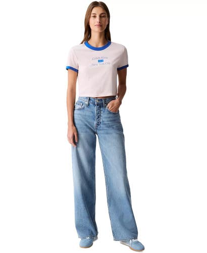 Calvin Klein Jeans Women's 29 Blue Denim Whiskering High Rise Wide Leg PALL79