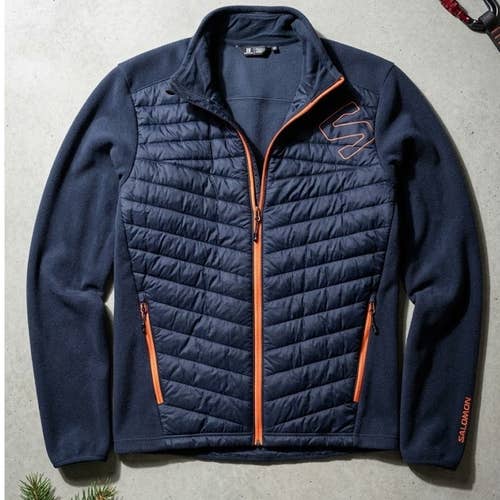 Salomon Hybrid Insulated Fleece Midlayer Jacket XL Navy Blue Orange Gorpcore