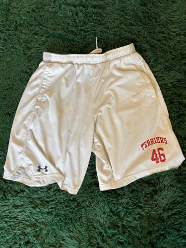 White Large Men's Under Armour Boston University Lacrosse Team Issued Shorts