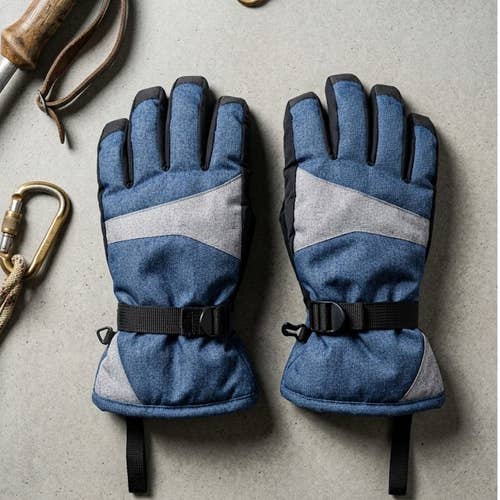 Mens Insulated Winter Ski Snowboard Gloves Blue Denim Look Adjustable Straps