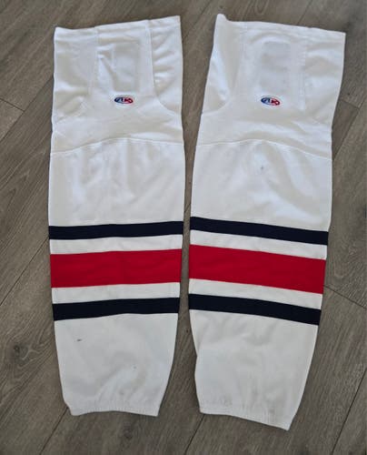 Team USA White hockey Socks w/red and blue stripes(Used)