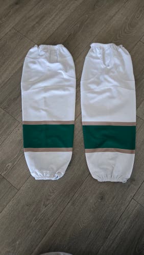 White with green/gold bands Large Senior hockey Socks (Used)