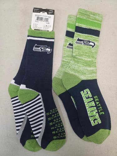 ST43 Mens NFL SEATTLE SEAHAWKS Lot of 2 Crew Socks LARGE 8-13 NEW