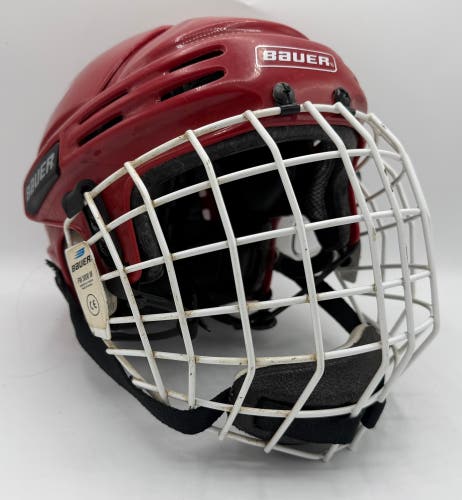 Large Red Bauer HH5000 Helmet w/ White FM3000 Cage