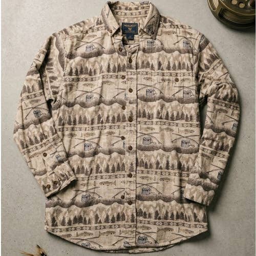 Woolrich Fly Fishing Trout Novelty Print Button Down Shirt Mens M Cabin Core