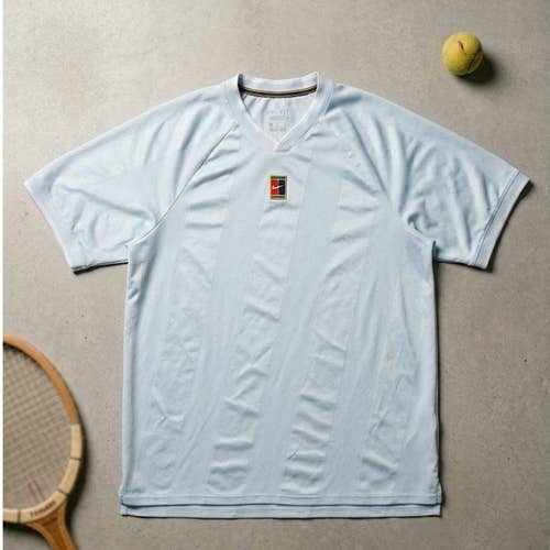 RARE Nike Court Retro Tennis Jersey Shirt Mens L Light Blue Center Logo Agassi