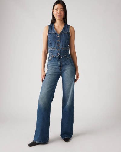 Levi's Ribcage Jeans Women's 26x32 Blue Denim Medium Wash Wide Leg Retro GBO3091