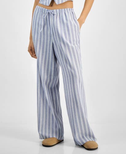 Hippie Rose Pants Womens XS Blue Striped Linen-Blend Wide Leg Drawstring PALL134