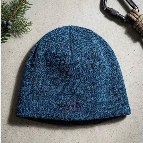 The North Face Blue Marled Beanie Hat Wool Blend Fleece Lined Winter Unisex cap