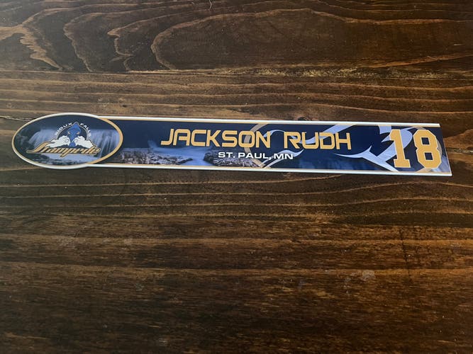 USHL Sioux Falls Stampede  Game-used Hockey Locker Nameplate #18 Jackson Rudh St. Cloud