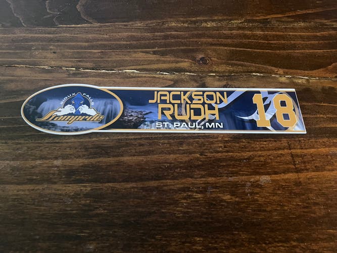 USHL Sioux Falls Stampede  Game-used Hockey Locker Nameplate #18 Jackson Rudh St. Cloud