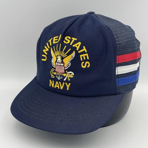 Vintage United States Navy 3 Stripe Snapback Hat Trucker Cap Made In USA Rare