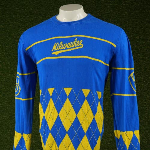Mens XL Milwaukee Brewers Royal Retro Stripe Pullover Sweater Blue / Yellow VGC