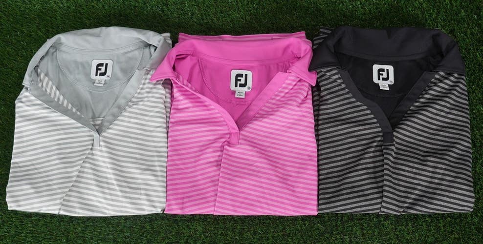 (3) Womens Lot Medium FootJoy Classic Stripe Polos Shirts Pink / Gray / White