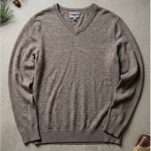 Merona Mens XL 100% Merino Wool V-Neck Sweater Brown Heather Knit Pullover