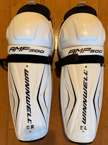 Winnwell AMP 500 Senior Hockey Shin Guards 14" - White / Black - Excellent condition (Used)