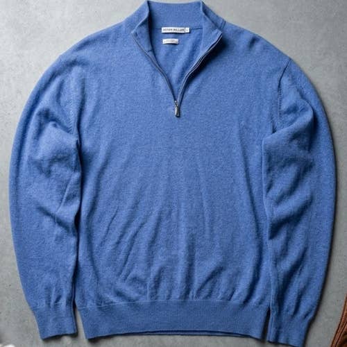 Peter Millar Men Large Luxury Blend Cotton Cashmere Quarter Zip Pullover Blue