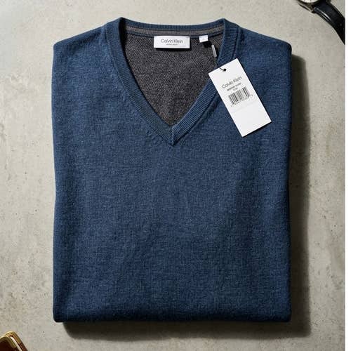 NWT Calvin Klein 100% Merino Wool V-Neck Sweater Mens 2XL XXL Blue Extra Fine