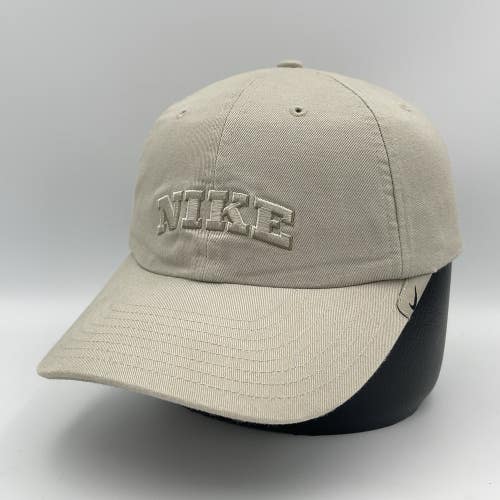 Vintage Nike Spell Out Hat Strap Back Grey Tag Y2K Swoosh Beige Dad Cap
