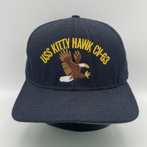 Vintage USS Kitty Hawk CV-63 US Navy Ship Blue Snapback Hat Cap Made In USA