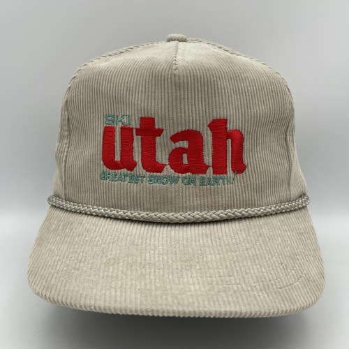 Vintage 80s Ski Utah Greatest Snow On Earth Corduroy Slide Strapback Hat Cap