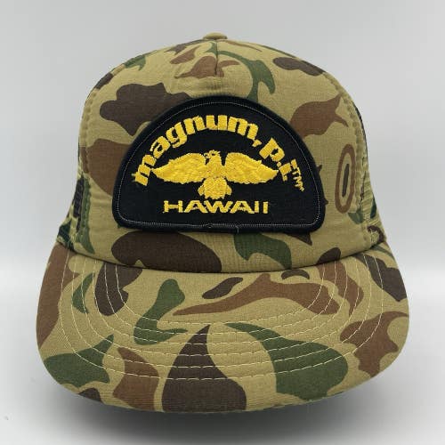 Vintage 80s Magnum PI Hawaii Trucker Hat Mesh Patch Duck Camo Snapback Cap 1980