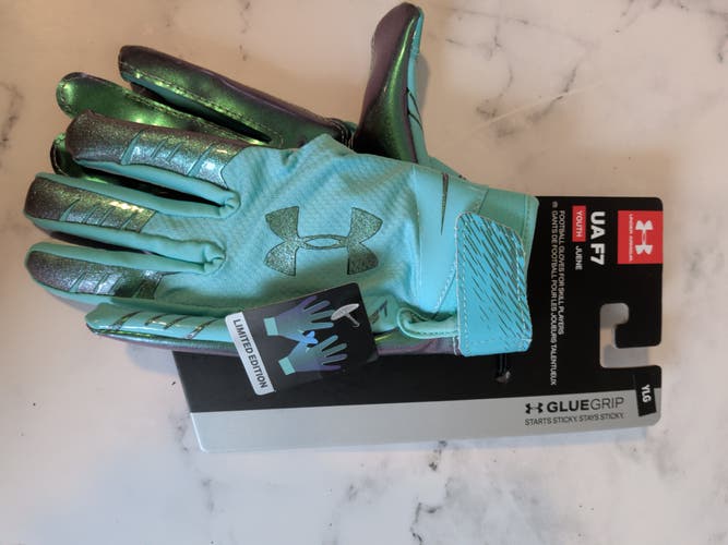 NWT Under Armour Youth F7 LE Football Gloves - Iridescent Teal - Size YL