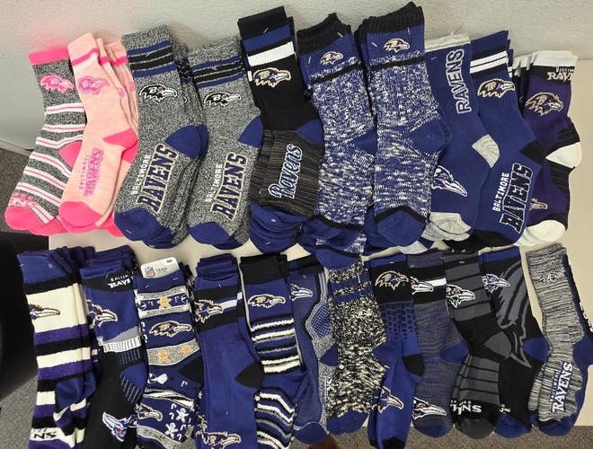 Lot1 Mens NFL BALTIMORE RAVENS 20 Pairs Socks Lot MED/LG New YES 20 PAIR