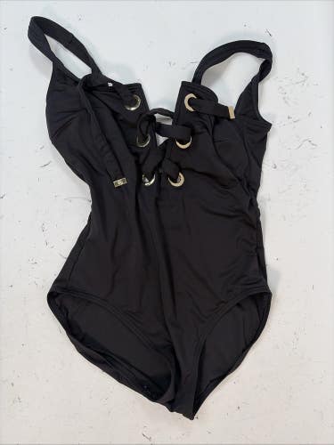 Michael Kors Womens Size 8 Solid Textured Cross-Back One-Piece, Black