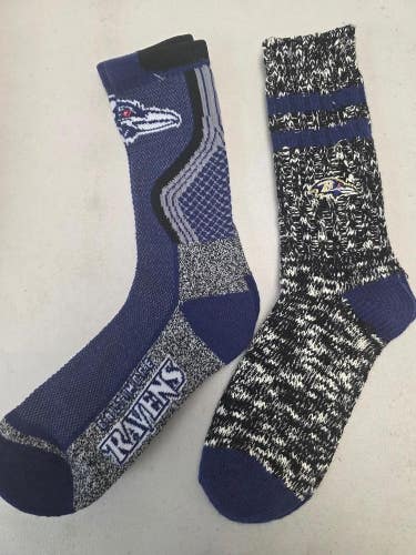 ST9 Mens NFL BALTIMORE RAVENS Lot of 2 Crew Socks LARGE 8-13 NEW