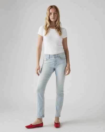 Levi's Classic Jeans Women 14M Indigo Destructed Light Wash Straight Leg PALL159