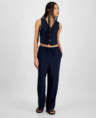 Hippie Rose Pants Women's XL Navy Linen Blend Wide-Leg Drawstring Waist PALL319