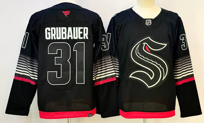 Men's Seattle Kraken Philipp Grubauer 31 Stitched Black Jersey Ice Hockey Size 50